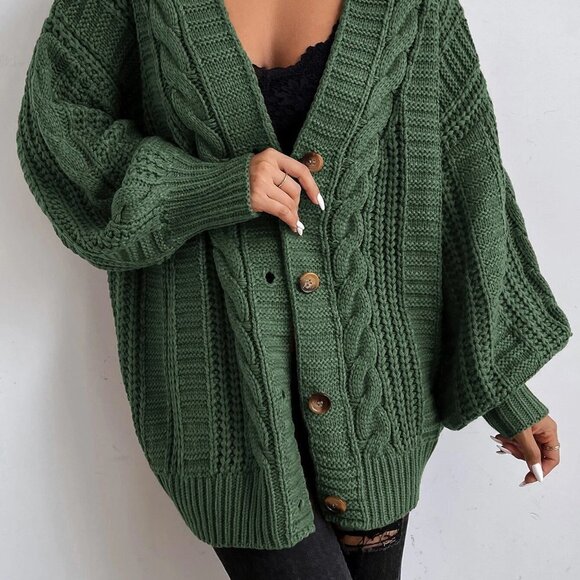 Green Casual Womens Solid Button Front Cable Knit Cardigan - Picture 3 of 5